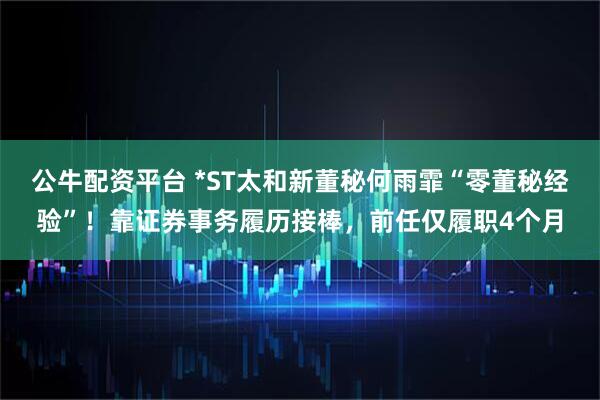 公牛配资平台 *ST太和新董秘何雨霏“零董秘经验”！靠证券事务履历接棒，前任仅履职4个月